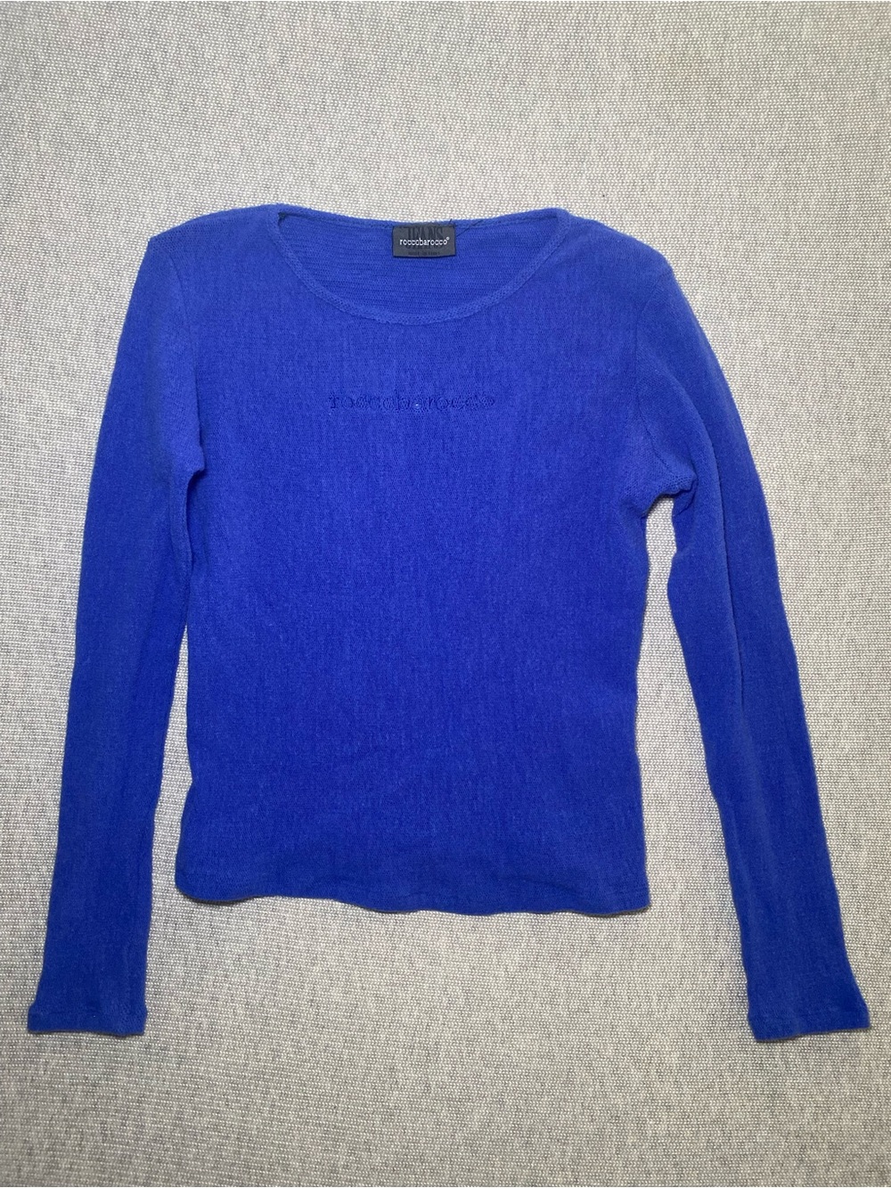 Vintage Roccobarocco Blue Knit Crewneck Top Y2K Made in Italy Size 8 Shrunken